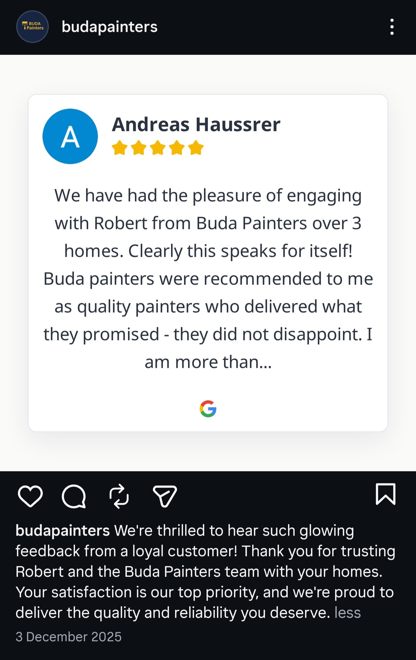 Example of a 5-star review automatically shared to Instagram by ReviewHQ for a New Zealand business